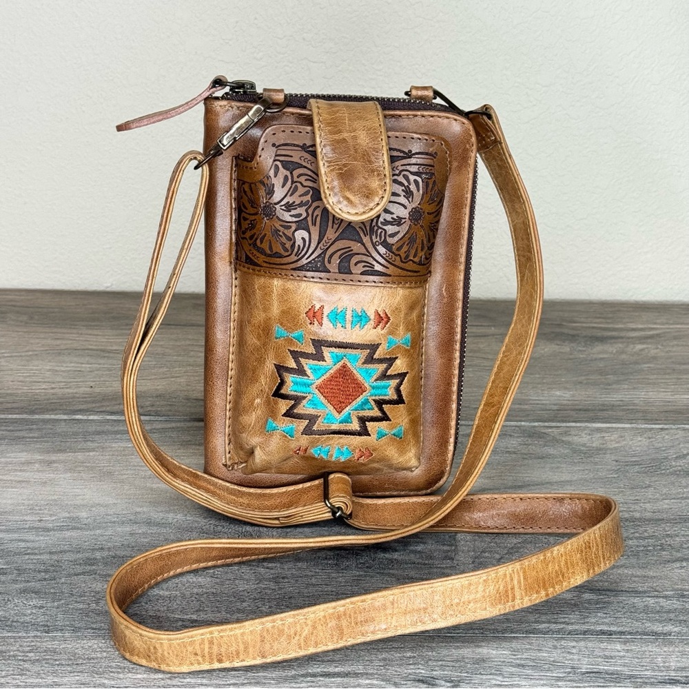 Shyanne Western Embroidered Brown Tooled Leather Crossbody Cell Phone Wallet